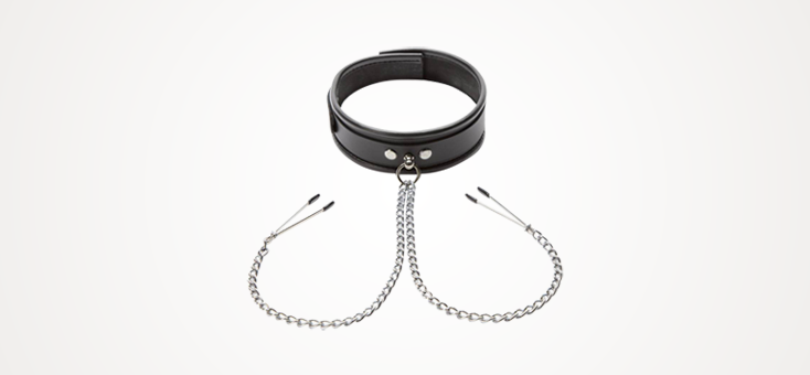 DOMINIX Deluxe Leather Collar with Nipple Clamps 