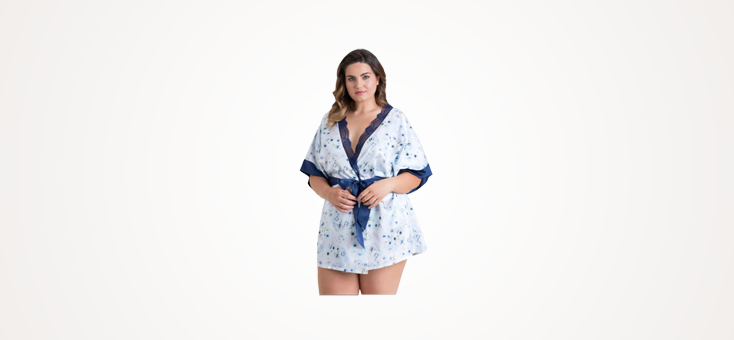 Lovehoney Plus Size Watercolor Blue Lace and Floral Satin Robe