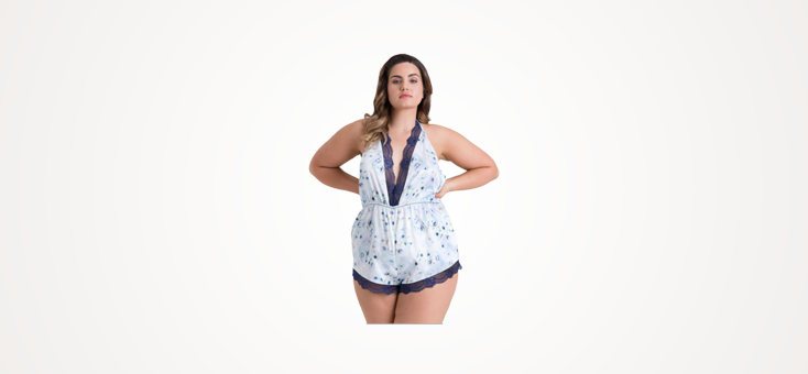 Lovehoney Plus Size Watercolor Blue Lace and Floral Satin Teddy