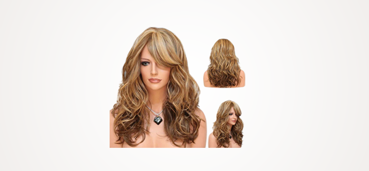 Sexy Big Wave Inclined Bang Wig Long Curly Hair Mixed Blonde Auburn Highlights Fluffy Air Volume With Free Wig Cap